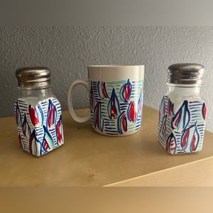 Hand Crafted 4th of July Red White Blue 2 oz salt/pepper shaker & 10 oz mug 🇺🇸